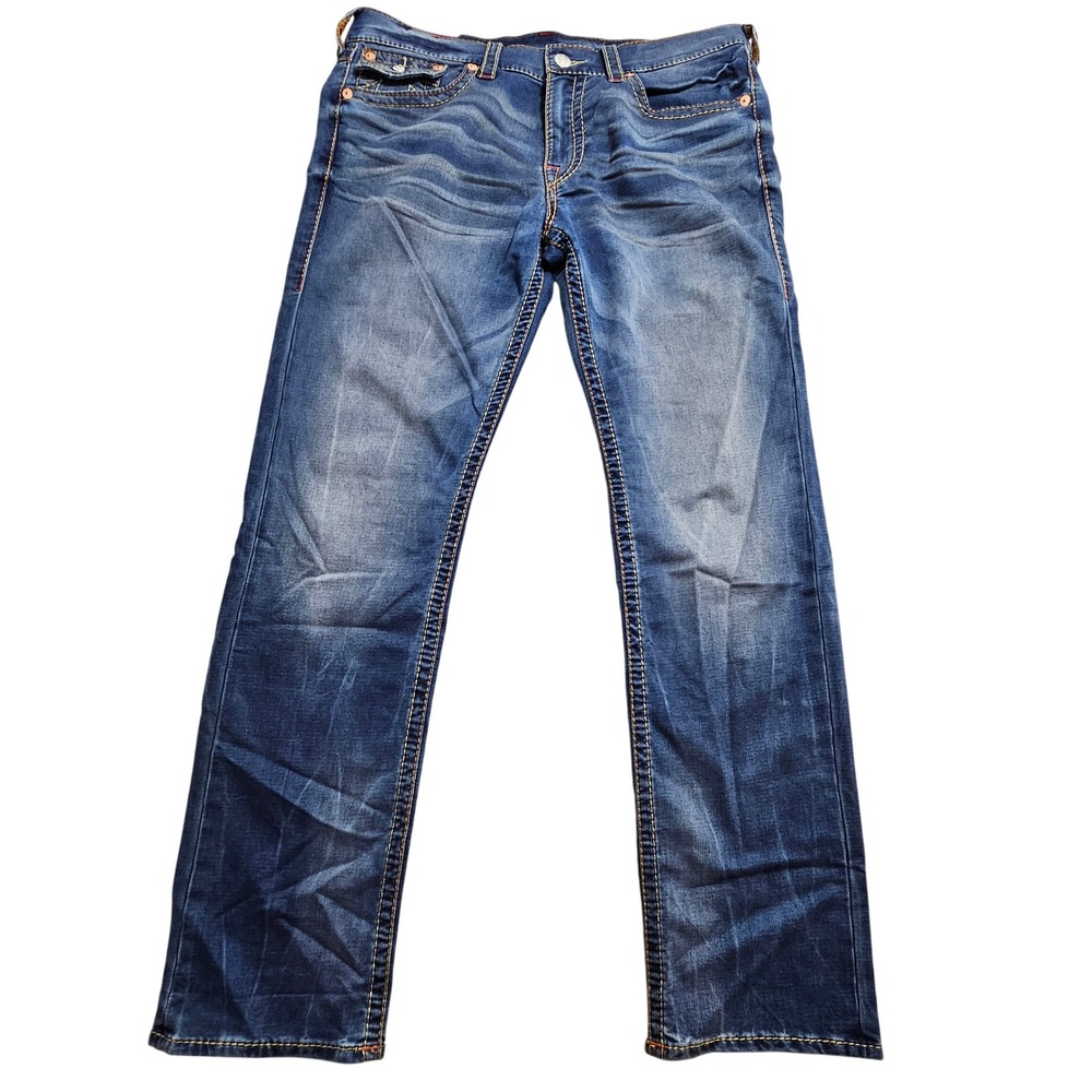True Religion Section Slim Mens Medium Wash Thick Stitch Denim Jeans 38 x 31.5